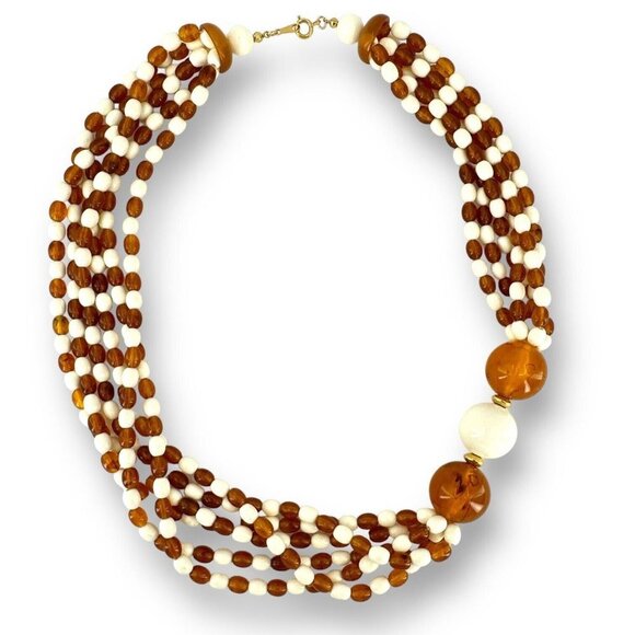 AVON vintage LUCITE bead multi strand COSMOPOLITAN cream brown bead necklace 21" - Picture 2 of 8